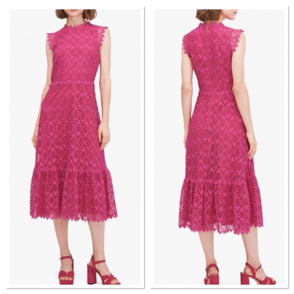 Kate Spade Magenta Scallop Lace Midi Dress Size 2 Lace Cap Sleeves
